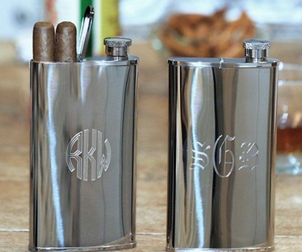 Stainless Steel Flask And Cigar Holder