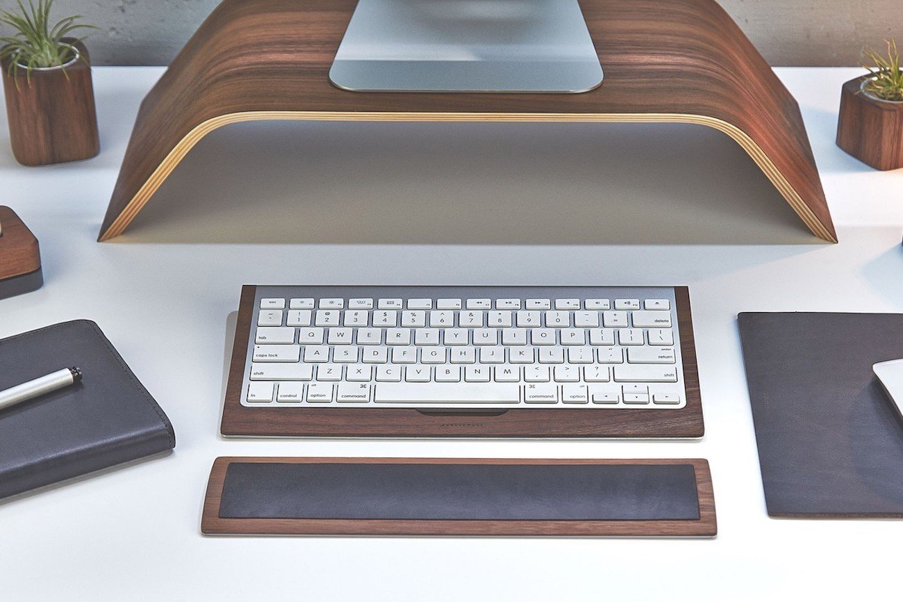 Grovemade Leather and Wood Keyboard Wrist Rest offers cushioning for comfy typing