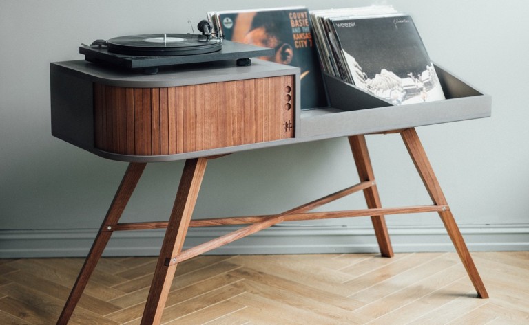 HRDL The Vinyl Table record player cabinet sleekly displays your record collection