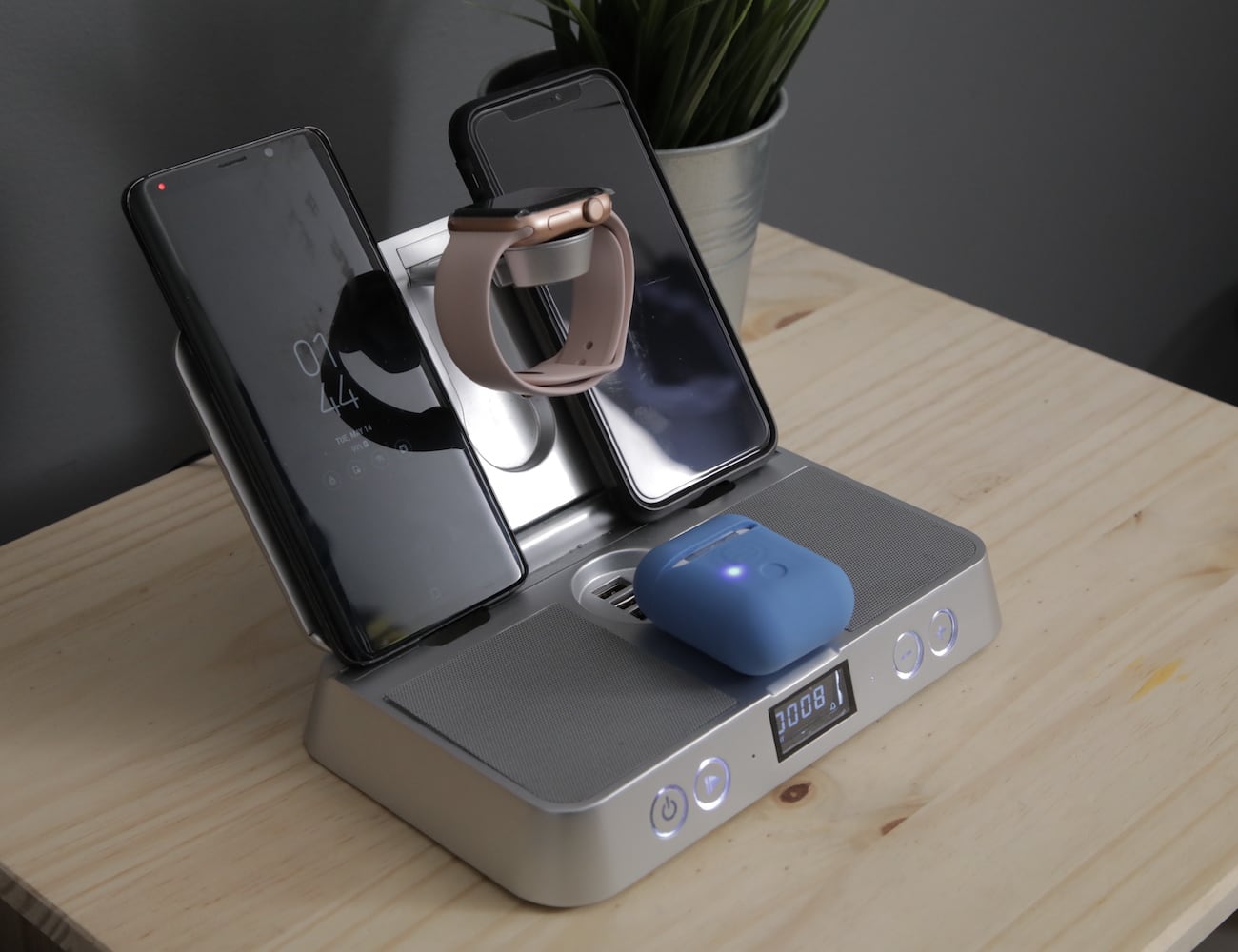 This universal wireless bedside charger replaces your clock and stereo