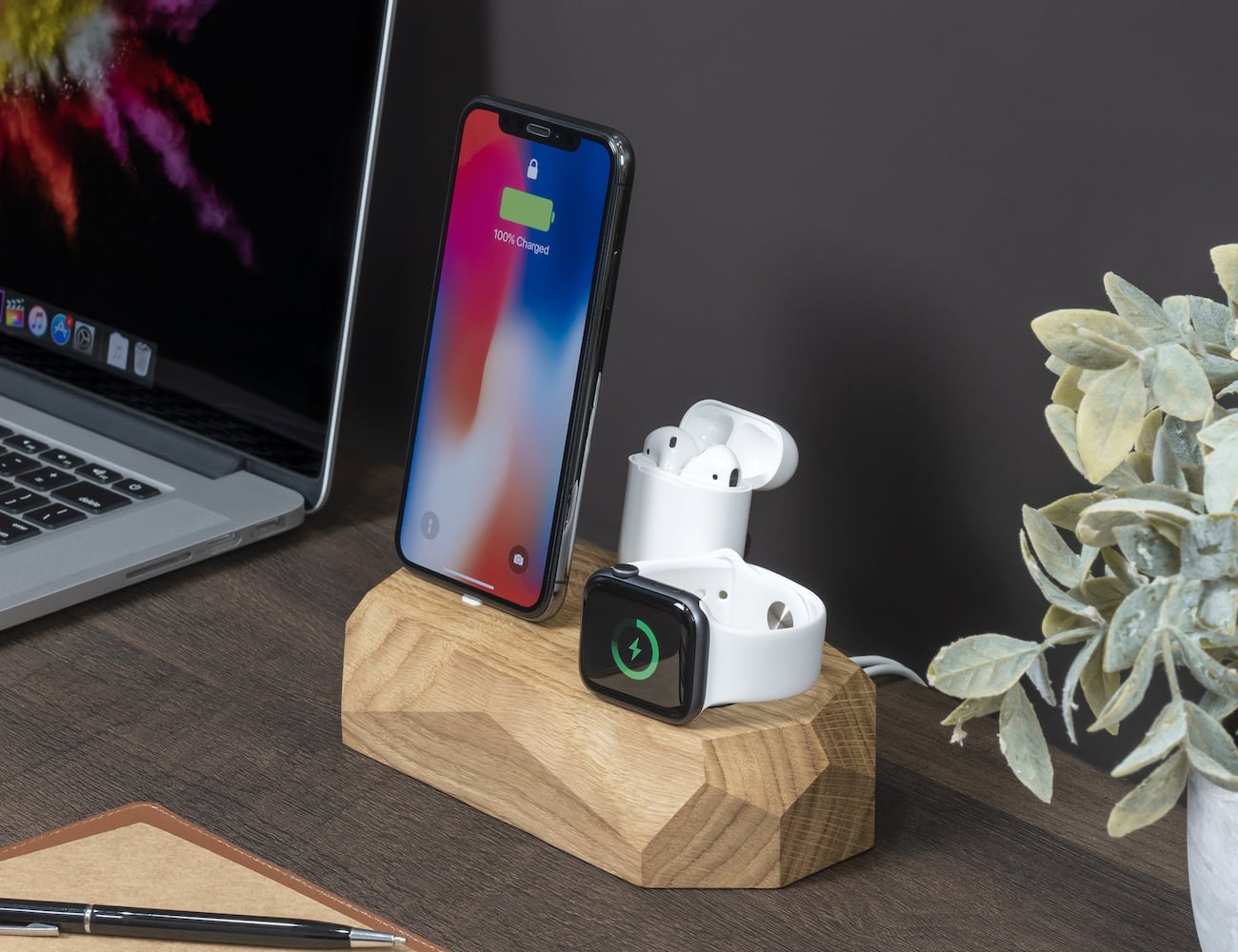 Oakywood Triple Dock Minimalist Wood Apple Charging Station can charge three devices at once
