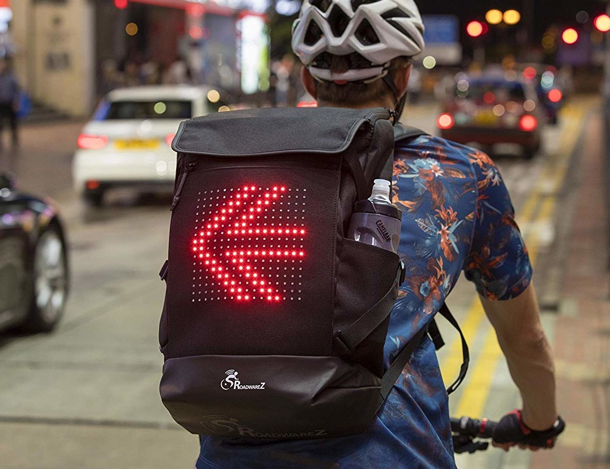 Roadwarez Road Tracker Bluetooth-Enabled Cycling Backpack has automatic light-up arrow signals