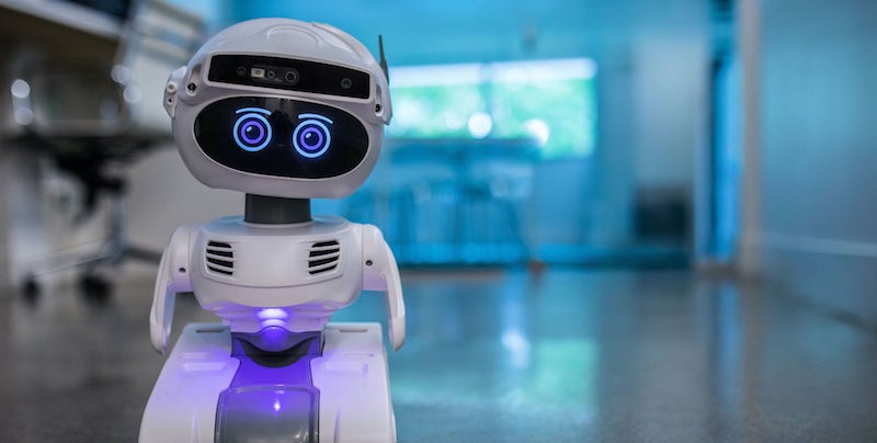 Small personal robot making eye contact with camera showing emotion, another product trend
