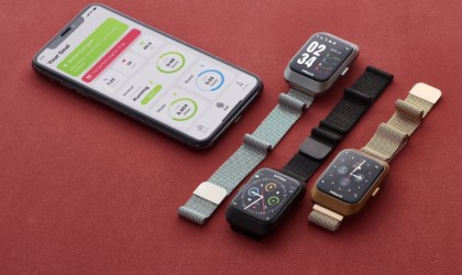 A row of three cool gadgets 2019 smartwatches next to a smartphone against a red background.