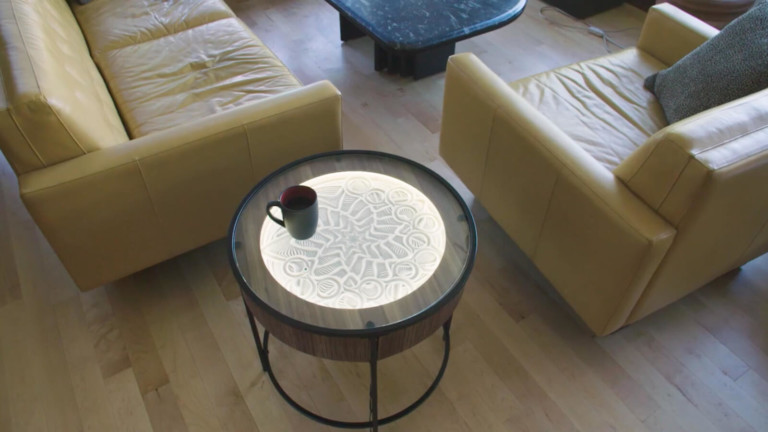 Sisyphus Industries Kinetic Art Table Hardwood Furniture features dimmable LED lights