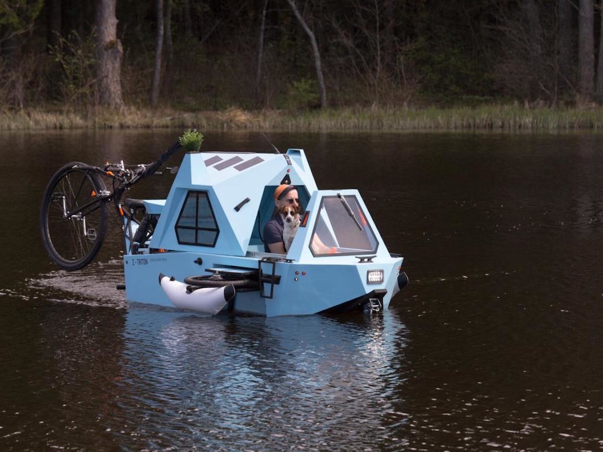 Zeltini Z-Triton Electric Houseboat travels over land and water