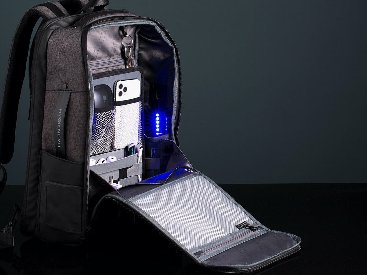 Hygiene20 Smart Sanitizing Backpack has a UV-C light, electronic sanitizer dispenser, and more