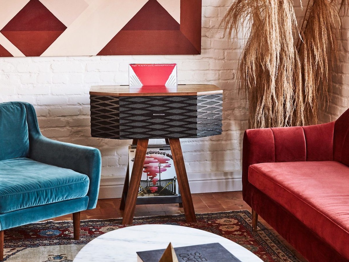 Wrensilva Loft wood record console works with Sonos speakers and can store 60 vinyl albums