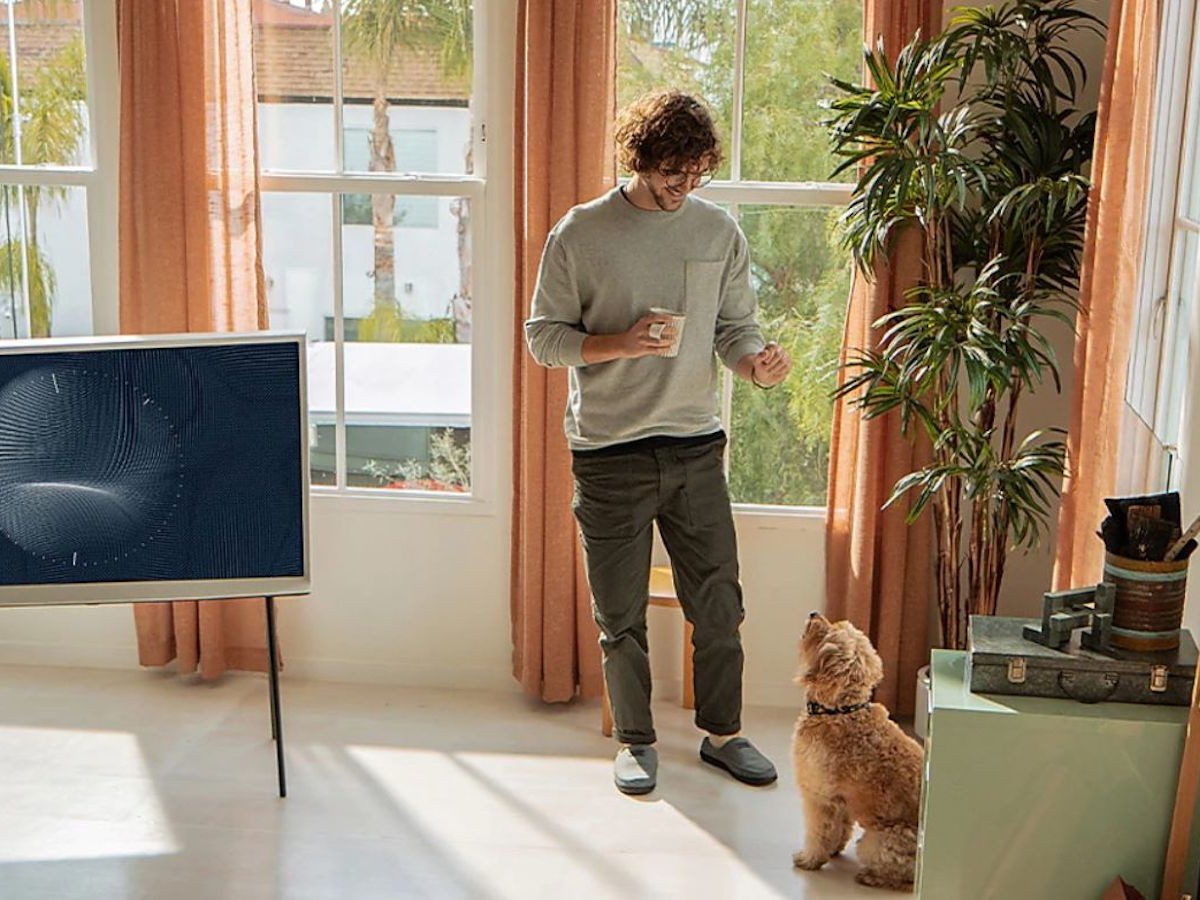 Samsung The Serif 2021 QLED Smart TV features a detachable easel stand for movability