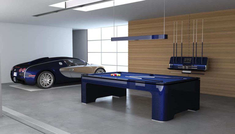 Bugatti Carbon Fiber Pool Table includes a gyroscopic sensor for leveling the table