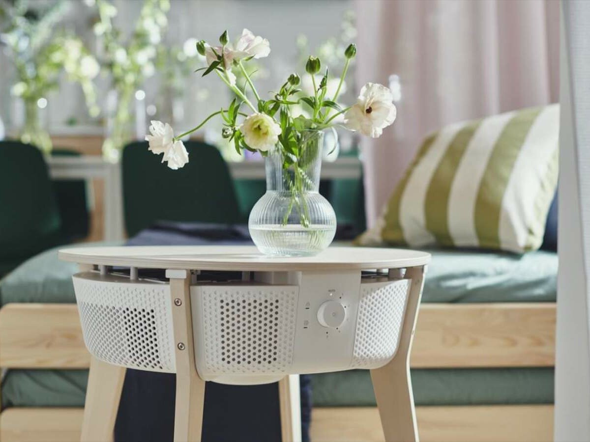 IKEA STARKVIND smart air purifier and side table has a 3-filter system for cleaner air