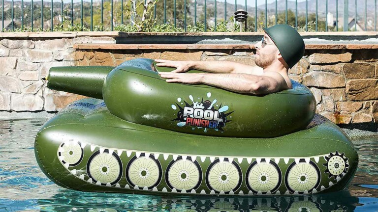 Pool Punisher inflatable tank with a water cannon comes with a 50-foot blast range
