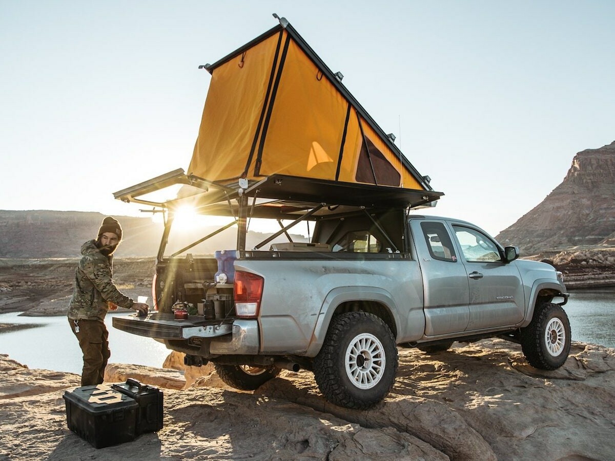 V2 Platform Camper rooftop tent melds with your truck for a portable room for 2+ adults