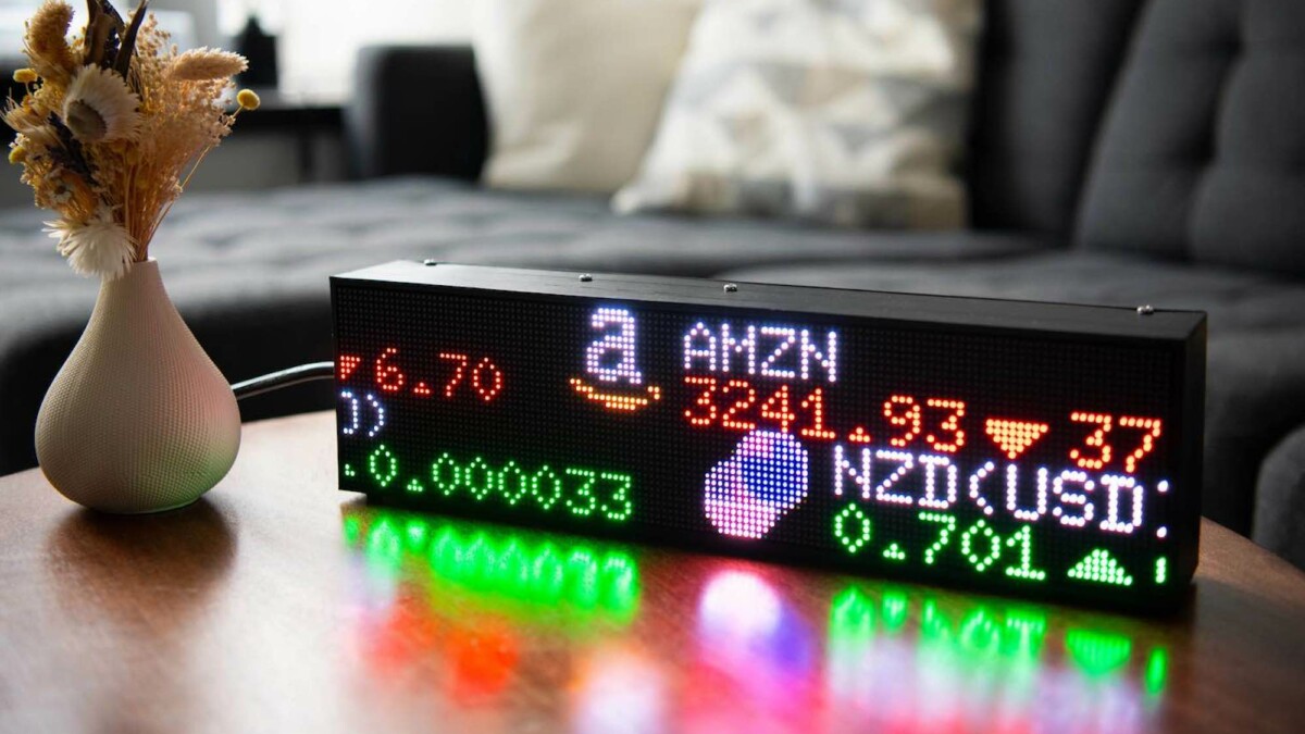 This desk-size LED ticker displays forex, crypto, and stocks
