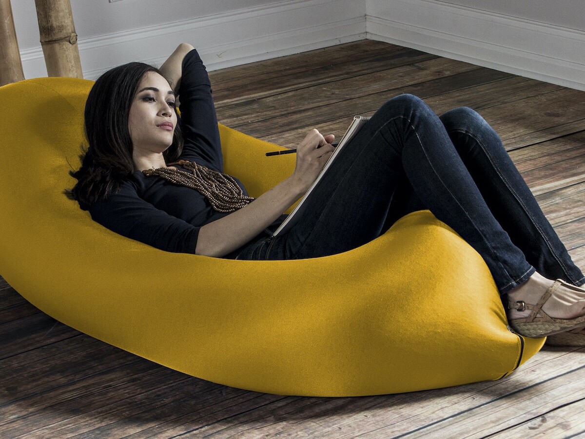 Jaxx Nimbus spandex bean bag chair has adjustable positioning and a supportive design