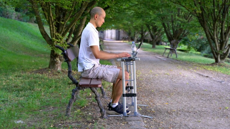 Nomad Desk portable standing desk folds up so small that it can fit in a backpack