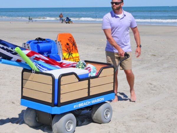 e-Beach Wagon motorized multi-terrain cart has a variable speed and hand-grip steering