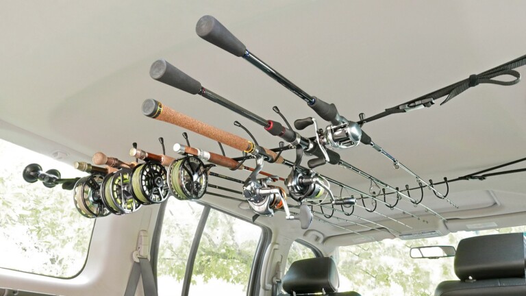 Smith Creek Rod Rack vehicle interior fly rod system holds 7 rod and reel combinations