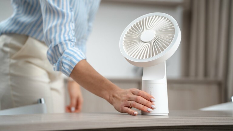 Abode Gale cordless cool fan runs whisper quiet and combines a soft, dimmable mood light