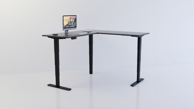 Uppeal Desk L-Shaped can adjust all the way from floor sitting to standing positions