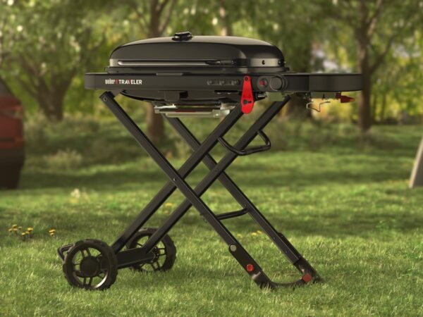 Weber Traveler Stealth Edition portable gas grill is compact for camping, tailgating, etc.