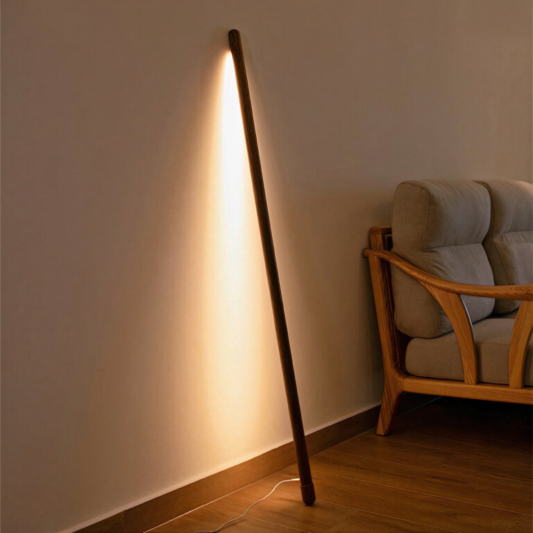 The Lamp Deck Minimalist Leaning Wooden LED Floor Lamp has an eye-catching design