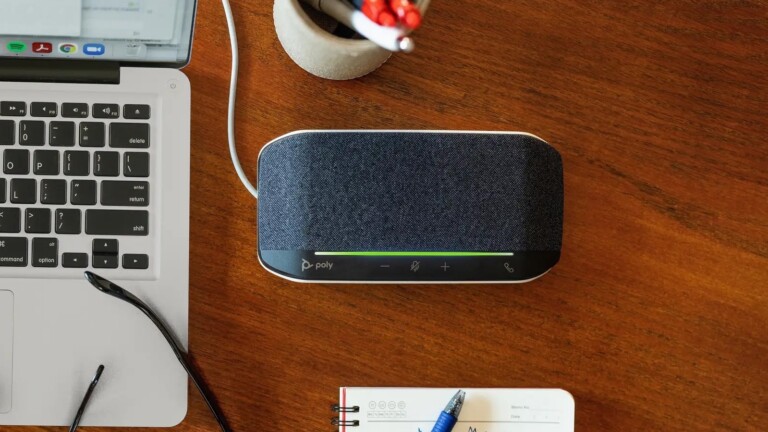 Poly Sync 10 all-in-one USB speakerphone for home offices has a 2-microphone array