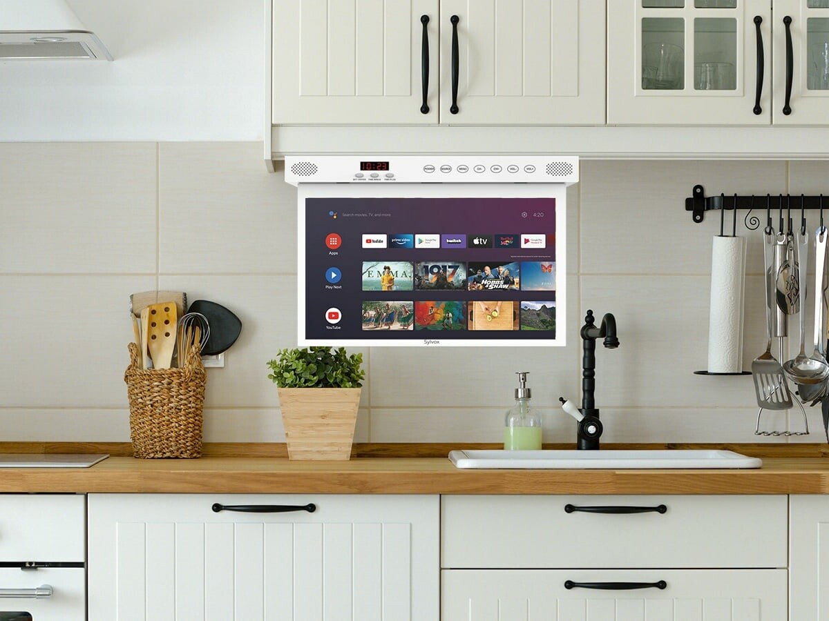 Sylvox Smart Under Cabinet Kitchen TV has a sleek, space-saving design for modern cooks