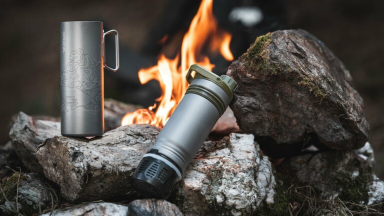 GRAYL UltraPress Ti Covert Edition titanium water bottle is drink-mix and camp-stove ready