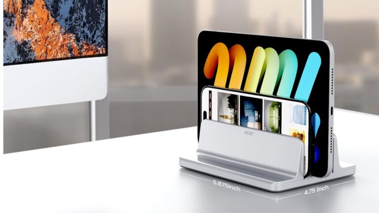 acer Dual Vertical Laptop Stand has Adjustable Width and Aluminum Build for Tidy Desktop Storage