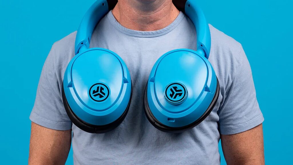 Blue XL headphones draped around neck as wearable speaker