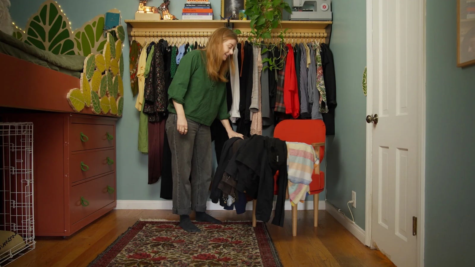 Laundry Chair hangs clothes neatly and tucks them away