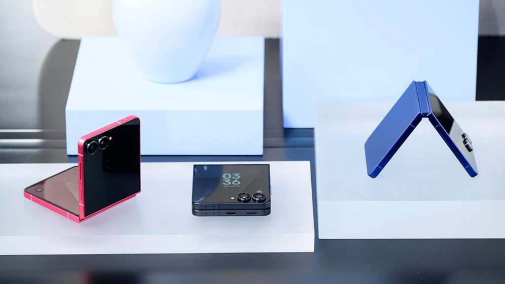 Samsung Galaxy Z Flip7 foldable on a desk in different colors