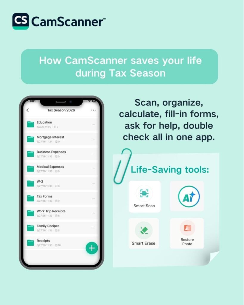 CamScanner organizes your tax documents and provides AI-powered tools to simplify tax season.