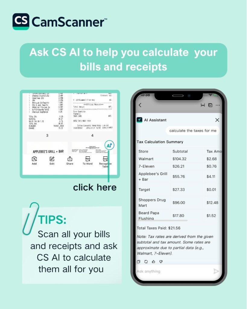 Ask CamScanner AI to calculate taxes from your scanned receipts instantly.