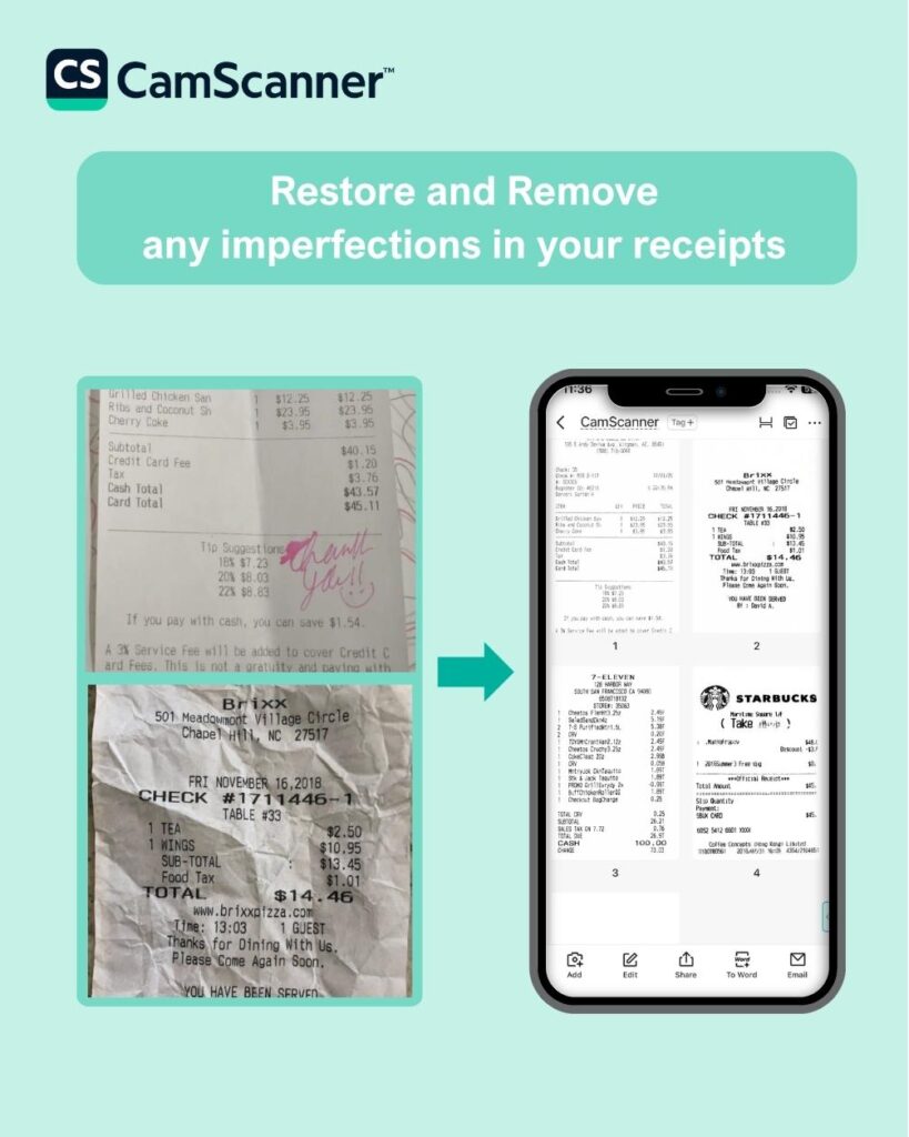 CamScanner restores wrinkled receipts to clean, professional digital copies.