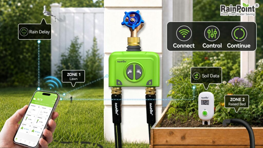 RainPoint's connected watering system puts a gateway, two zones, and a soil sensor in one box
